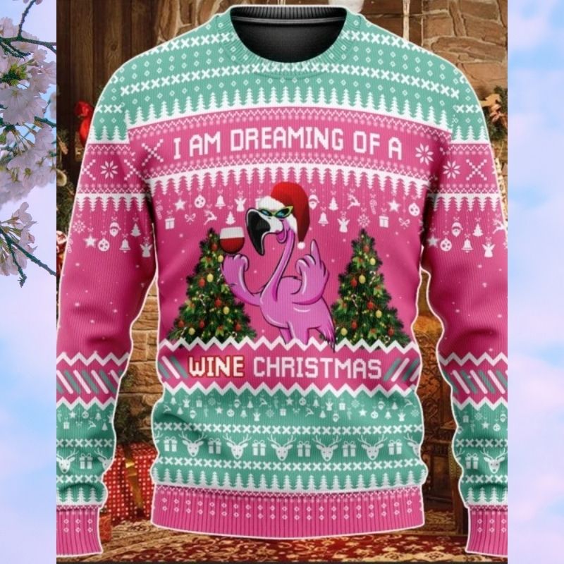 Flamingo I'm Dreaming Of A Wine Christmas Knitted sweater, sweatshirt 3 Flamingo Im Dreaming Of A Wine Christmas Knitted sweater sweatshirt 2