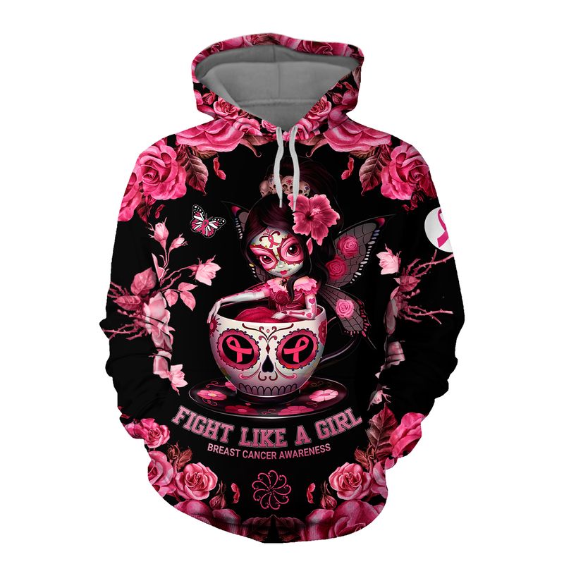 Flower sugar skull fairy Fight like a girl Breast cancer awareness 3d shirt, hoodie 2 Flower sugar skull fairy Fight like a girl Breast cancer awareness 3d shirt hoodie 1