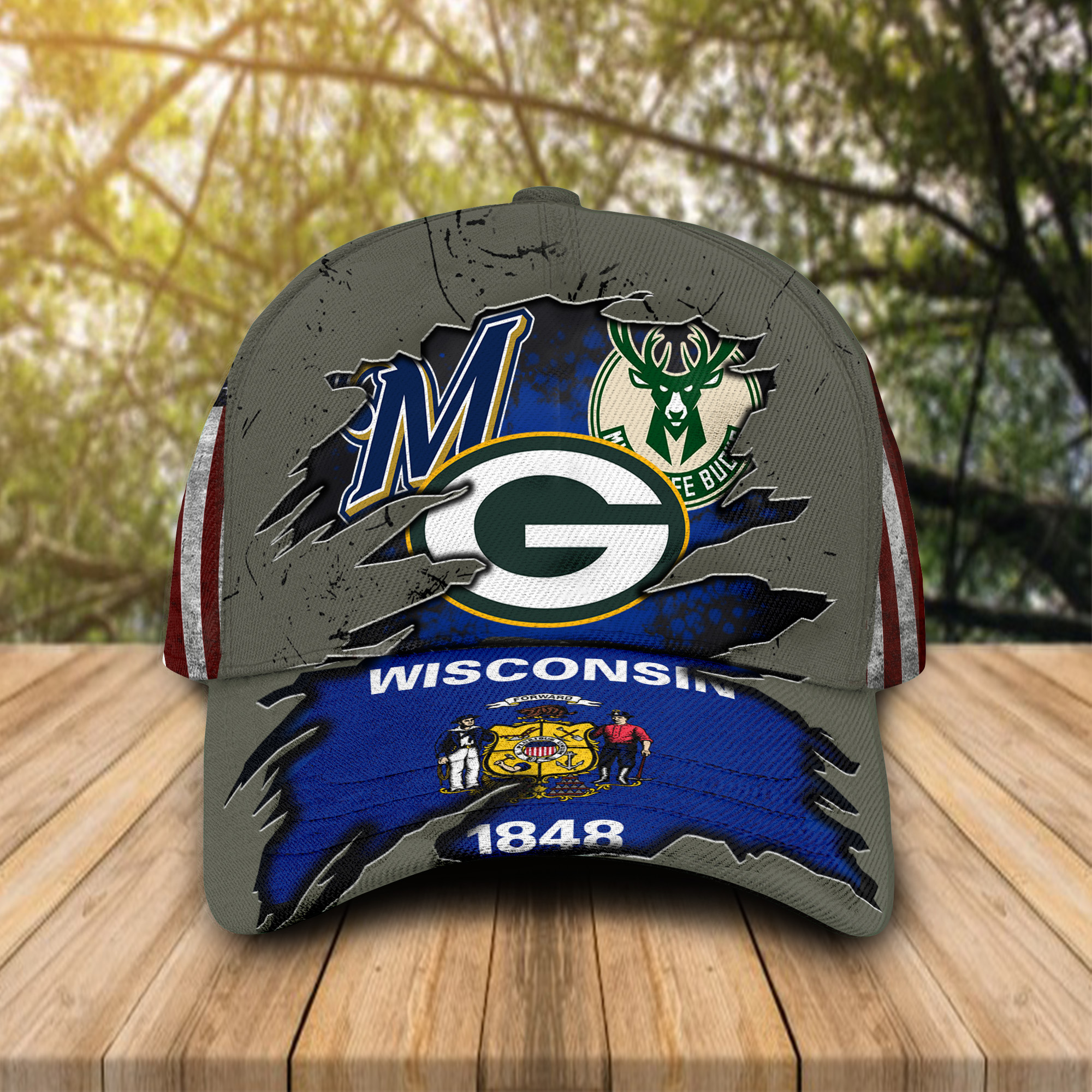 Green bay packers milwaukee brewers milwaukee bucks wisconsin 1848 cap