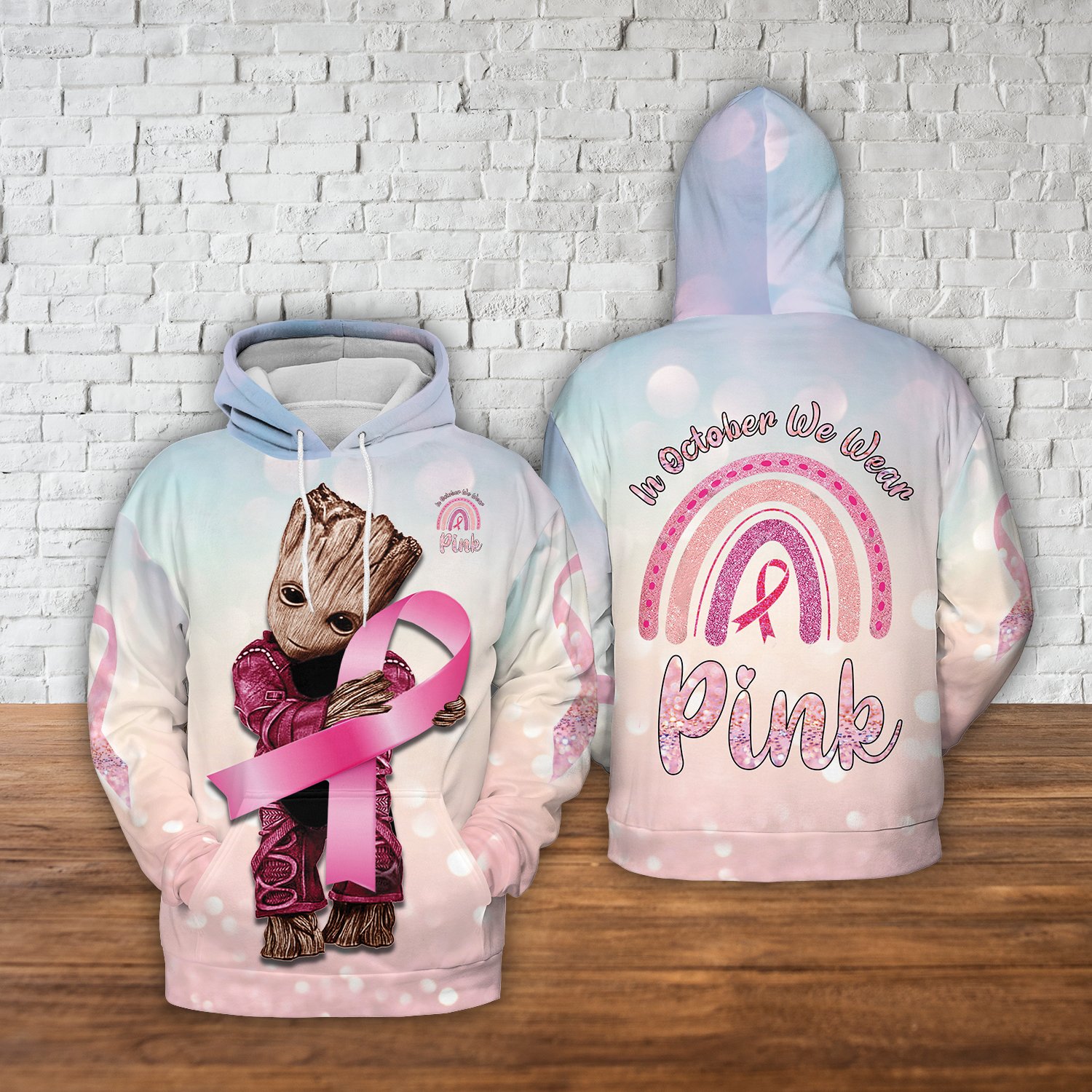 Groot In october we wear pink groot 3d all over print hoodie