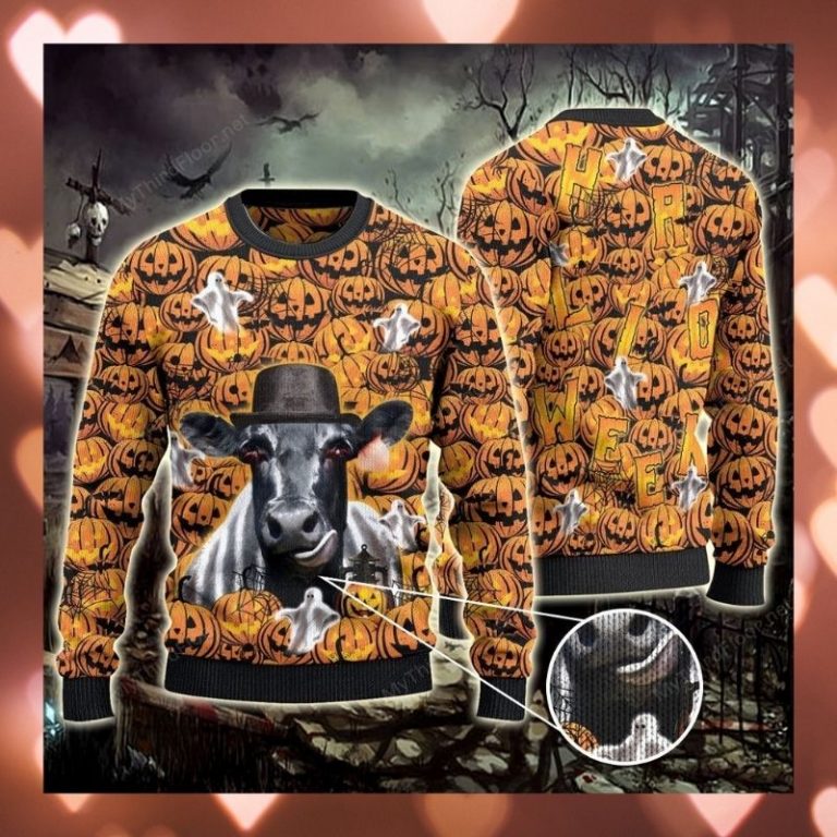 Halloween Pumpkin ghost Black Angus Cattle hat sweater sweatshirt 3