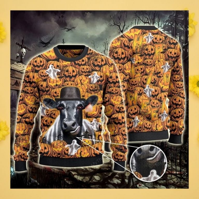 Halloween Pumpkin ghost Black Angus Cattle hat sweater sweatshirt 4