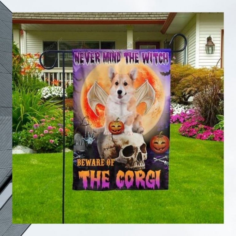Halloween skull Never Mind The Witch Beware Of The Corgi flag 3