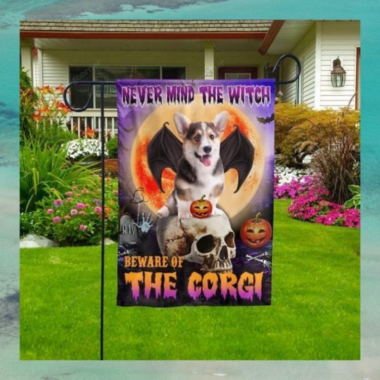 Halloween skull Never Mind The Witch Beware Of The Corgi flag 4