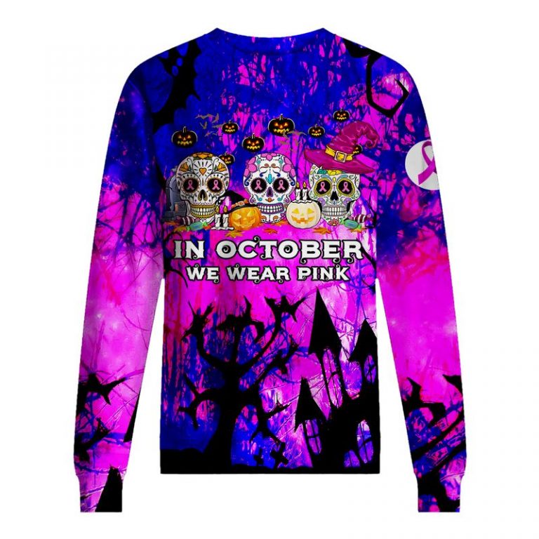 Halloween sugar skull pumpkin In October We Wear Pink Breast Cancer 3d shirt, hoodie (6) Halloween sugar skull pumpkin In October We Wear Pink Breast Cancer 3d shirt hoodie 6