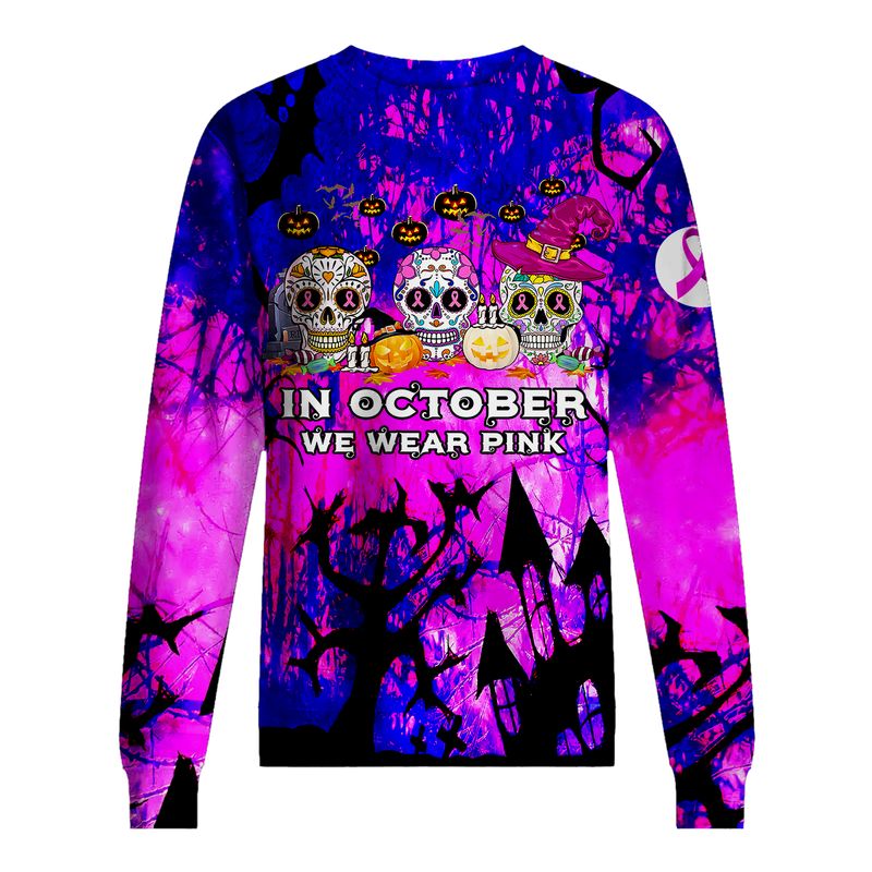 Halloween sugar skull pumpkin In October We Wear Pink Breast Cancer 3d shirt hoodie 6