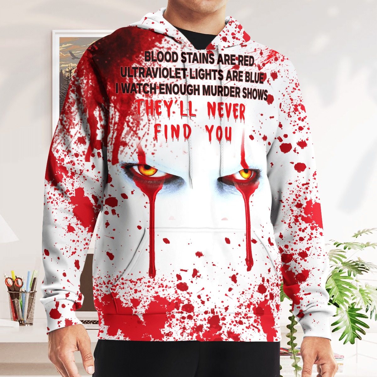 IT Pennywise Halloween blood stains are red ultraviolet lights are blue 3d hoodie 2 IT Pennywise Halloween blood stains are red ultraviolet lights are blue 3d hoodie leggings