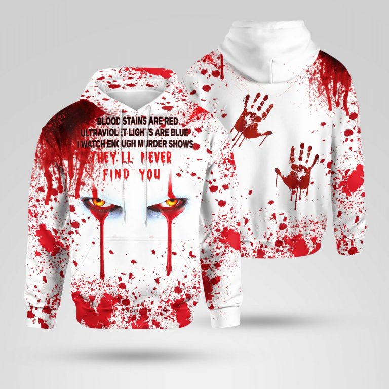 IT Pennywise Halloween blood stains are red ultraviolet lights are blue 3d shirt, hoodie IT Pennywise Halloween blood stains are red ultraviolet lights are blue 3d shirt hoodie