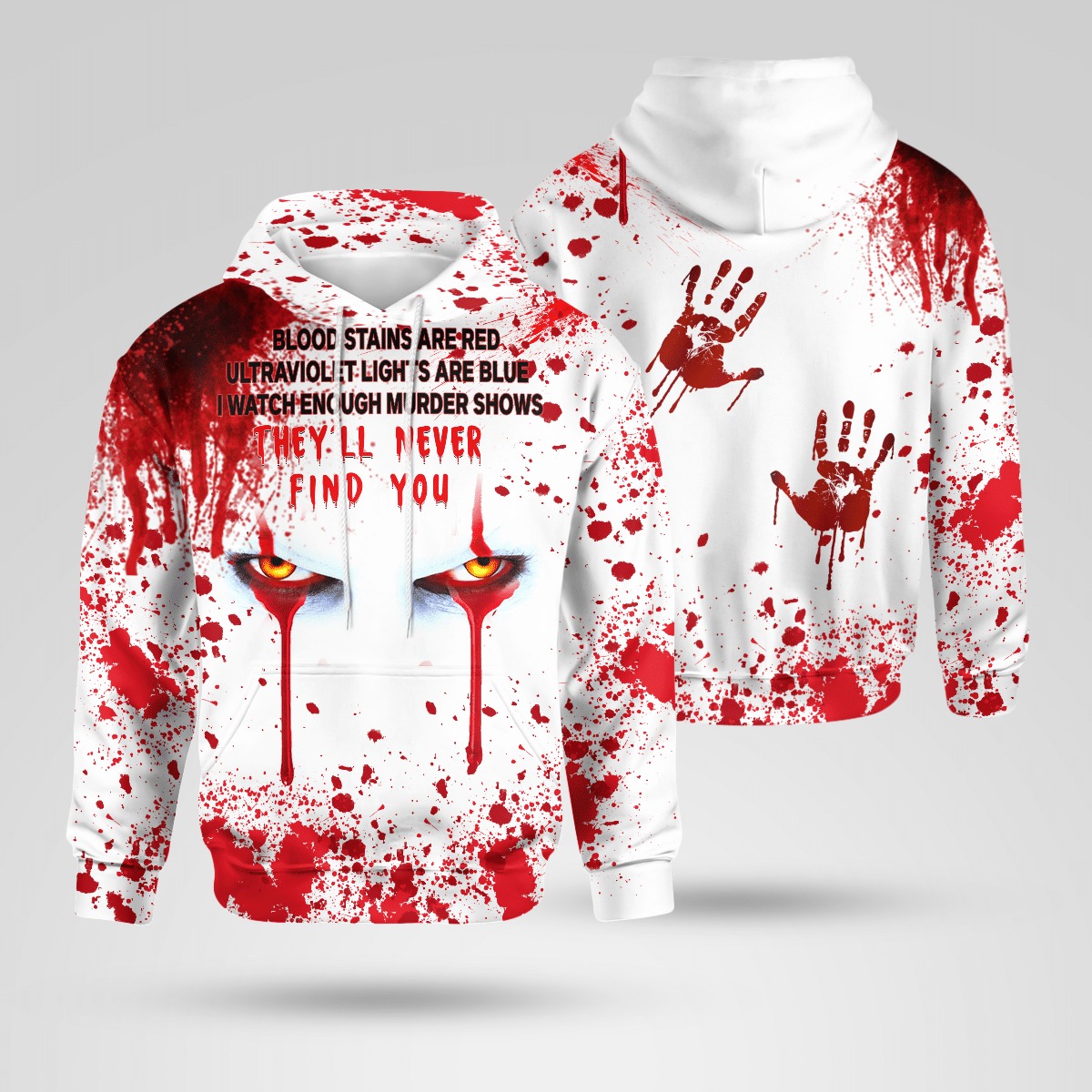 IT Pennywise Halloween blood stains are red ultraviolet lights are blue 3d hoodie 6 IT Pennywise Halloween blood stains are red ultraviolet lights are blue 3d shirt hoodie