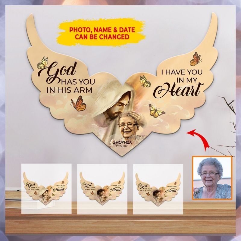 Jesus God has you in his arm I have you in my heart custom name, date and photo metal sign 4 Jesus God has you in his arm I have you in my heart custom name date and photo metal sign