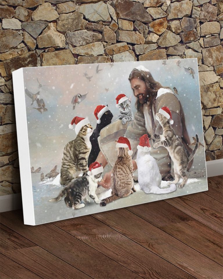 Jesus surrounded by Christmas cat poster canvas 2.3