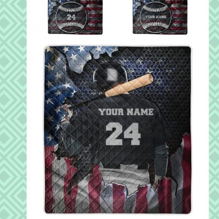Personalized Batting baseball American flag custom quilt bedding set 3