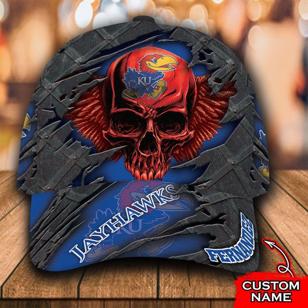 Personalized Kansas Jayhawks skull custom cap 1
