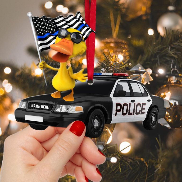 Police Christmas thin line blue American flag duck custom ornament 2