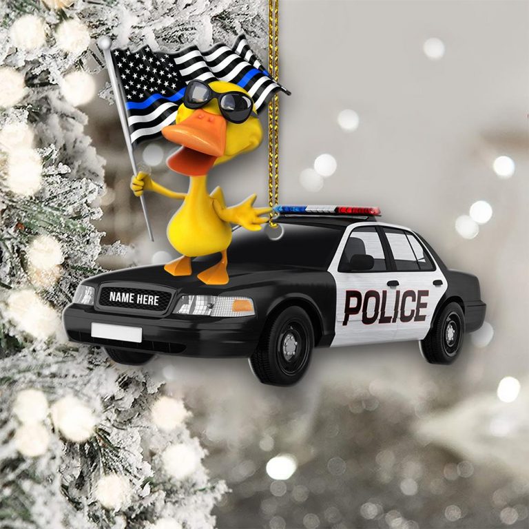 Police Christmas thin line blue American flag duck custom ornament 3