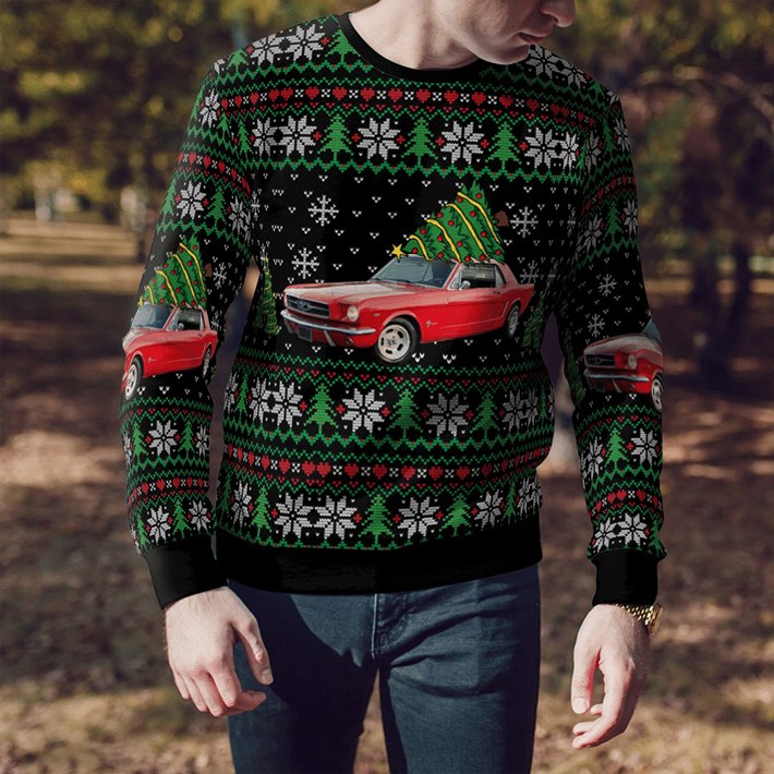 Red Ford Mustang 1965 Ugly Christmas Sweater2