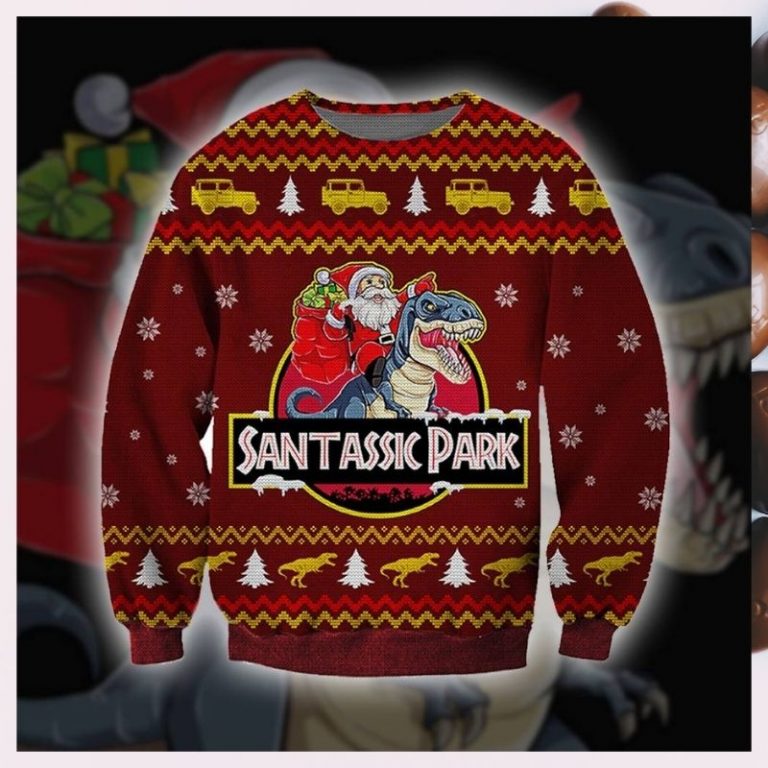 Santassic Jurassic park ugly sweater, sweatshirt (3) Santassic Jurassic park ugly sweater sweatshirt 3