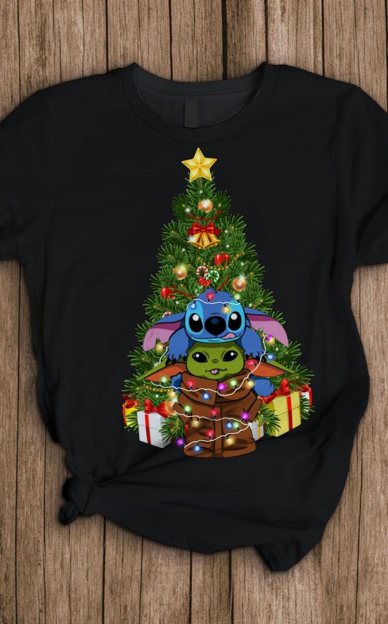 Stitch and Baby Yoda Christmas tree pajamas set 1