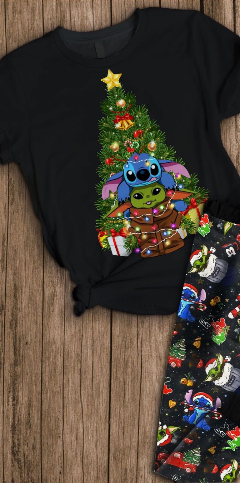 Stitch And Baby Yoda Christmas Tree Pajamas Set Stitch and Baby Yoda Christmas tree pajamas set