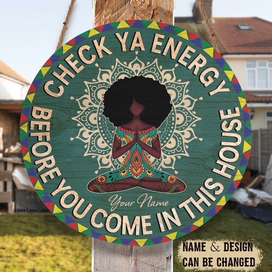 Tatoo Yoga Black girl check ya energy custom personalized name wooden sign 1