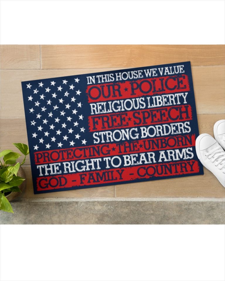 Thin red line in this house we value our police religious liberty doormat yard sign 2