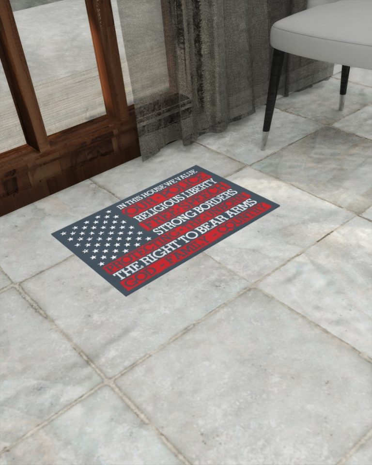 Thin red line in this house we value our police religious liberty doormat yard sign 4.3