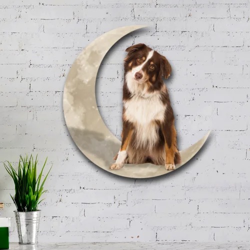 Tri red aussie dog and moon hanging metal sign1
