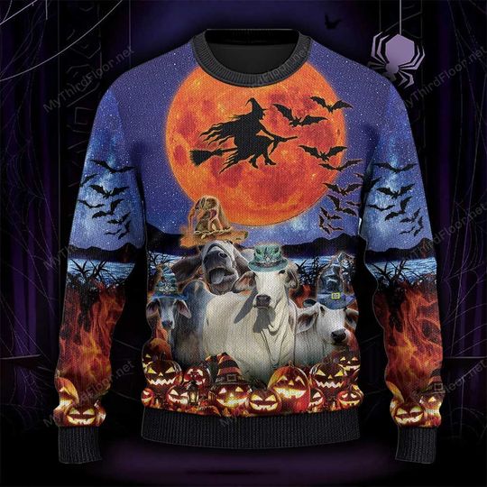 Witch Halloween Moon pumpkin Brahman Cattle sweater sweatshirt 2