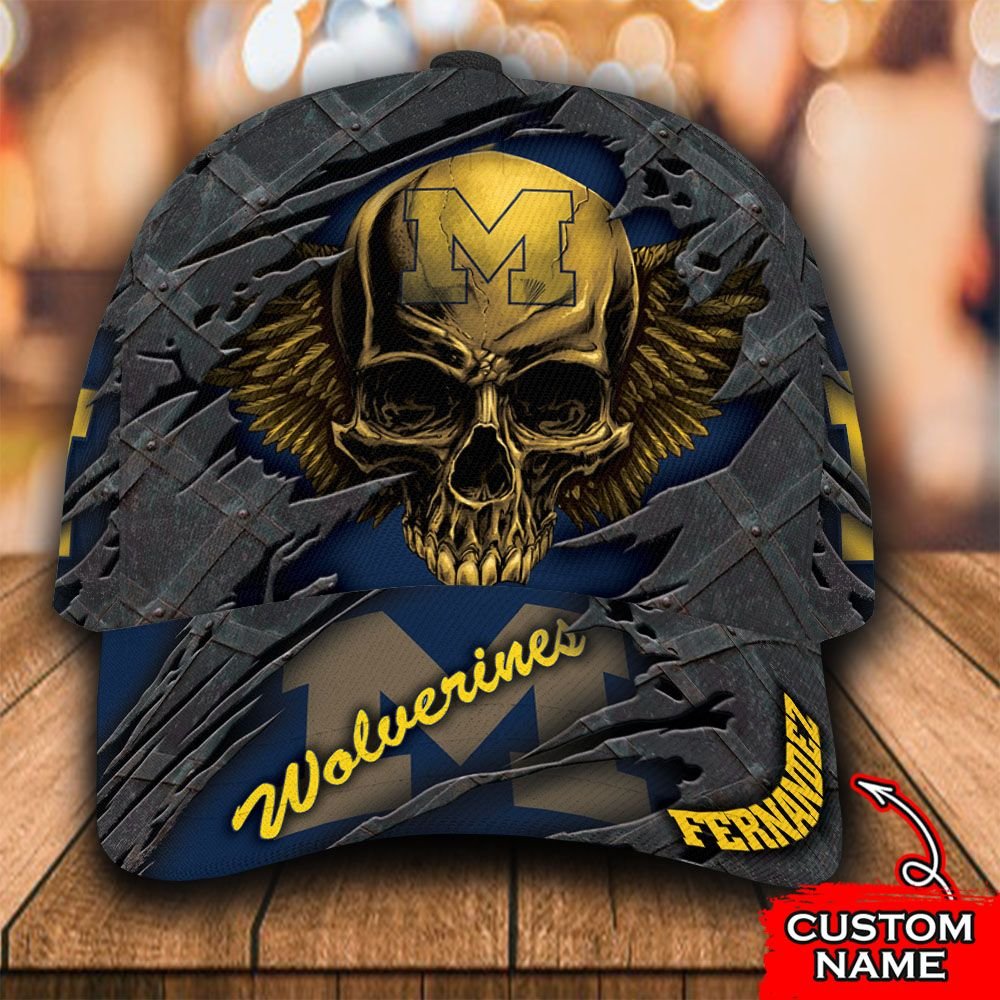 Personalized NCAA1 Michigan Wolverines 3D Skull Custom name Cap 3