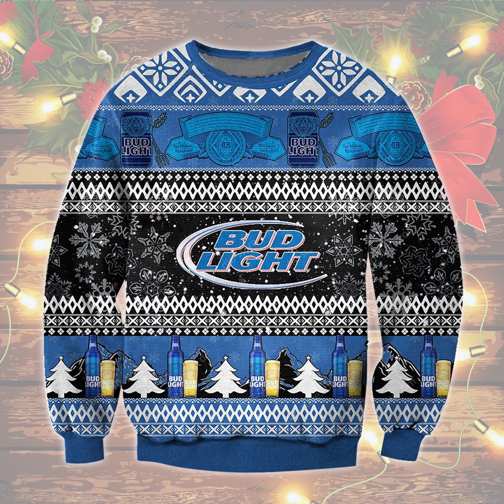 Beer Bud Light Dark Blue Ugly Christmas Sweater word3