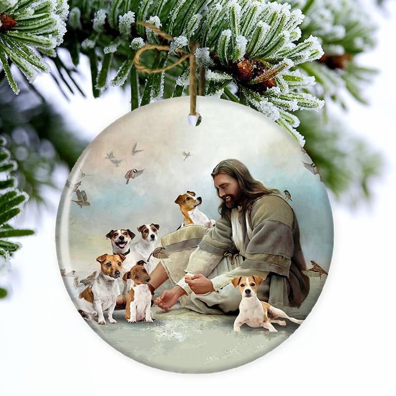 Jesus Surrounded By Jack Russell Terriers hanging ornament 3 regular 2