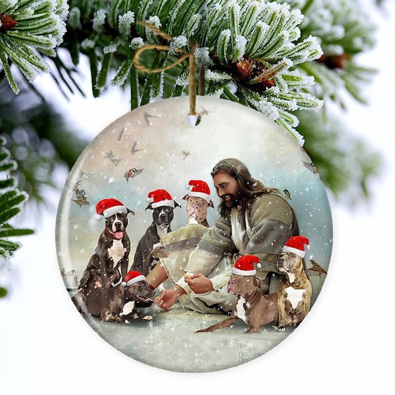 Jesus Surrounded By Pit Bulls Christmas hanging ornament 3 regular 11