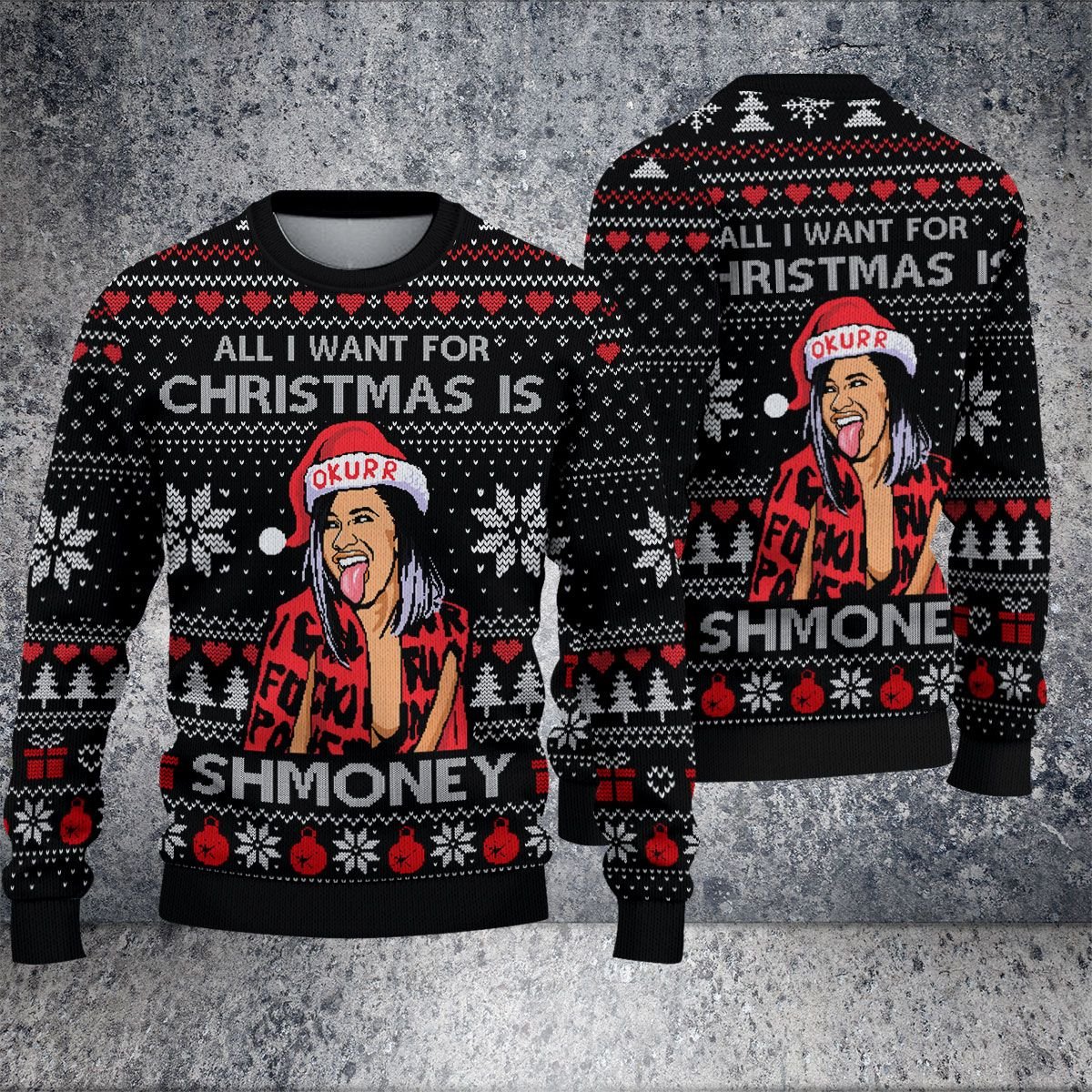 Cardi B all I want for a Christmas is shmoney sweater 3 Cardi B all I want for a Christmas is shmoney sweater 1