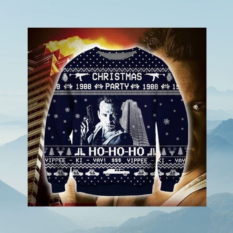 Die hard Christmas party 1988 Ho ho ho yippee ki yay knitted wool sweater 3 Die hard Christmas party 1988 Ho ho ho yippee ki yay sweater 2