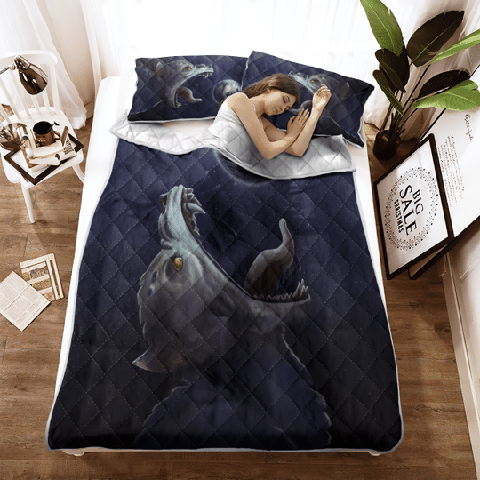 Fenrir Wolf Trying To Swallow The Moon Viking Quilt Bedding Set2