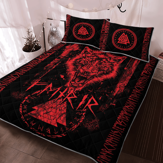 Fenrir Wolf Valknut And Rune Viking Quilt Bedding Set1