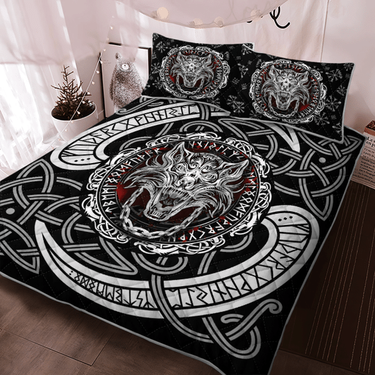 Fenrir Wolf With Norse Pattern Viking Quilt Bedding Set1