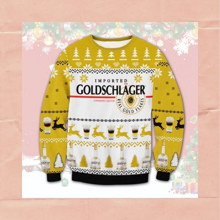 Goldschlager Cinnamon Liqueur real gold flakes Christmas sweater 2 Goldschlager Cinnamon Liqueur real gold flakes Christmas sweater word3