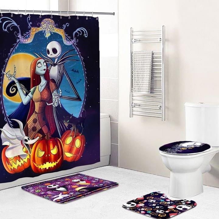 Jack Skellington And Sally Halloween Night Bathroom Shower Curtains Set 1
