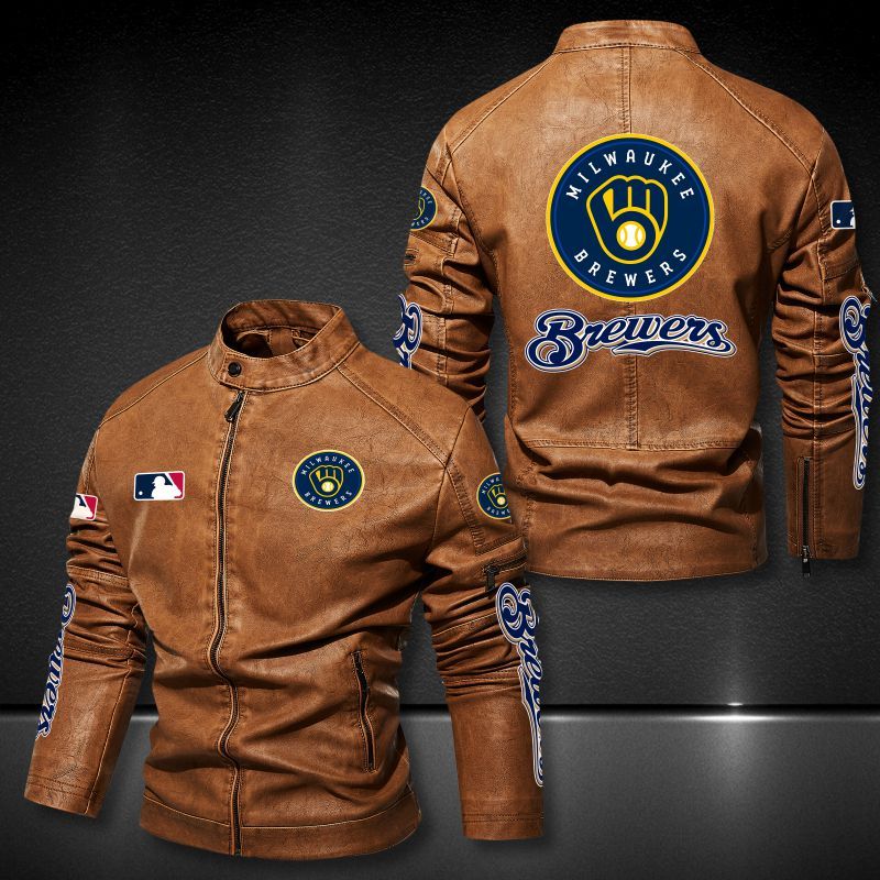 Milwaukee Brewers 3d motor leather jacket 2