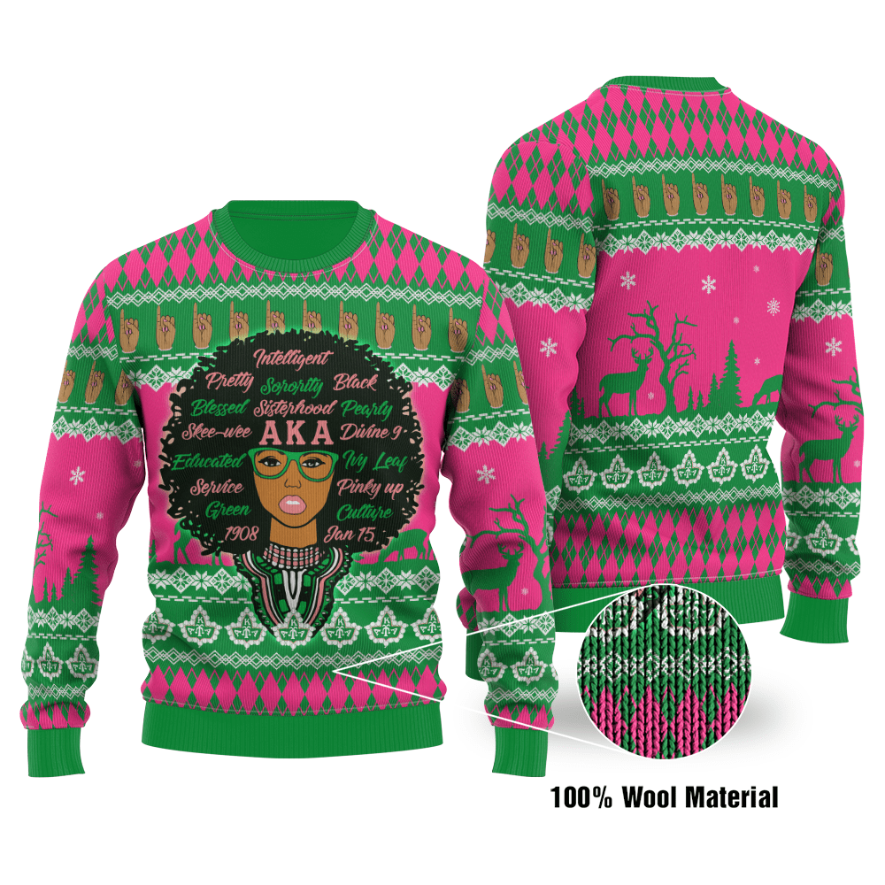 Alpha Kappa Alpha AKA 1908 Pretty Girl ugly Christmas Sweater word2