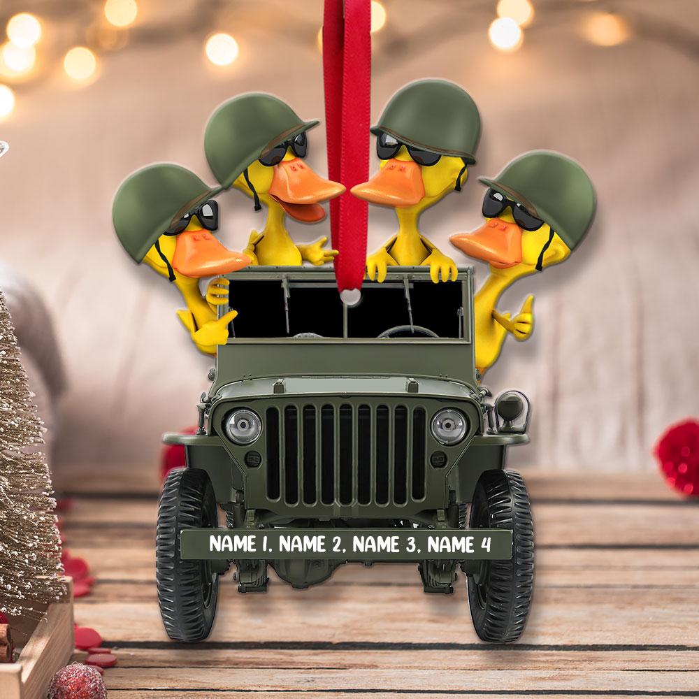 Personalized Veteran Army Duck on Jeep hanging ornament 1