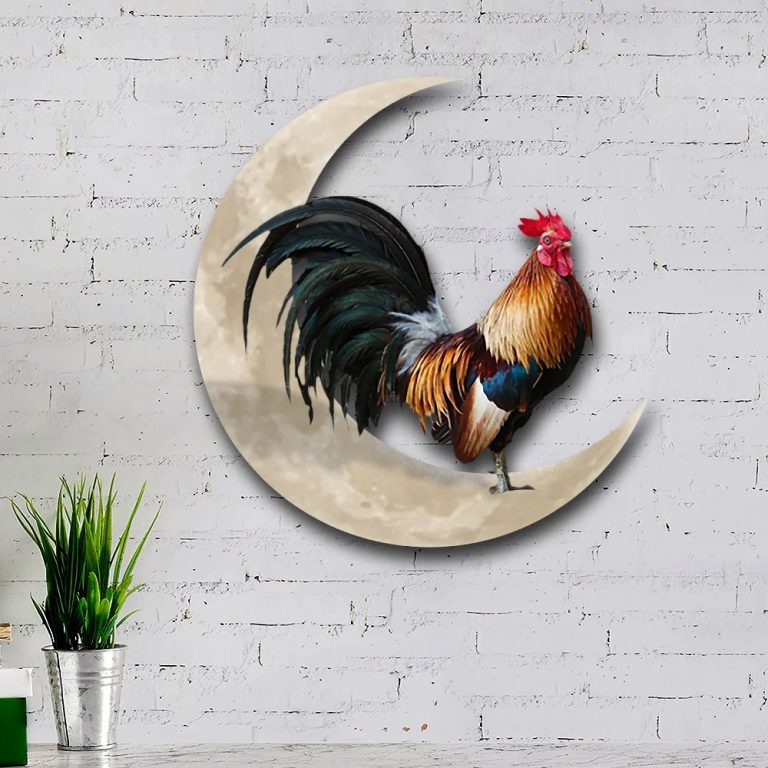 Rooster Standing on the Moon Hanging Metal Sign word3