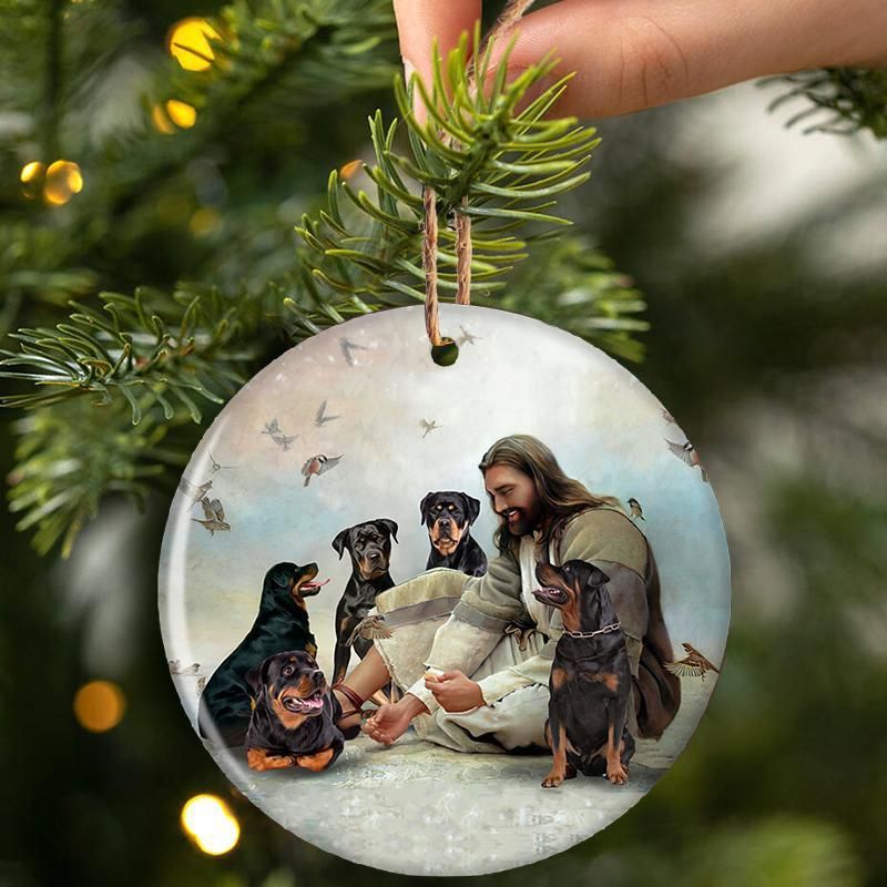 Jesus Surrounded By Rottweilers hanging ornament 2 regular 10