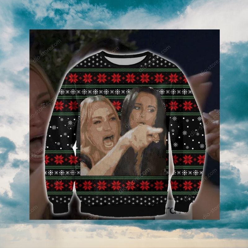 Woman yelling at a cat christmas knitted wool sweater 3 Woman yelling at a cat christmas sweater 2