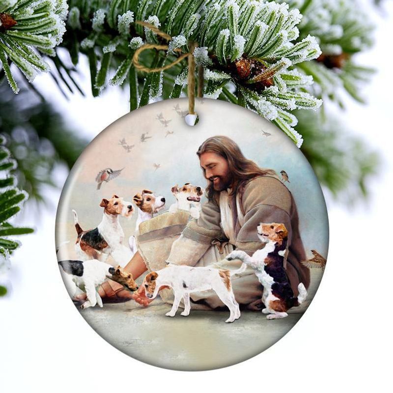 Jesus Surrounded By Fox Terriers Christmas hanging ornament 3 regular 5