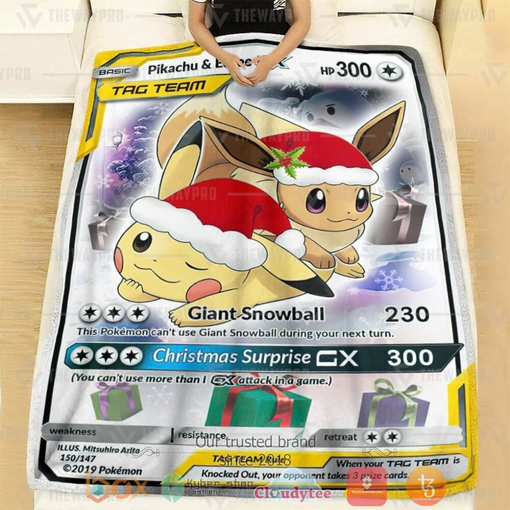 Anime PKM Christmas Eevee and Pikachu Tag Team GX Custom Soft Blanket 1