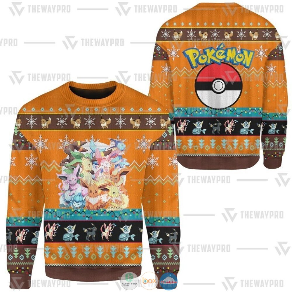 Pokemon Eevee and Eeveelutions Ugly Christmas Sweater 4 Anime Pokemon Eevee and Eeveelutions Christmas Sweater 1 2 3