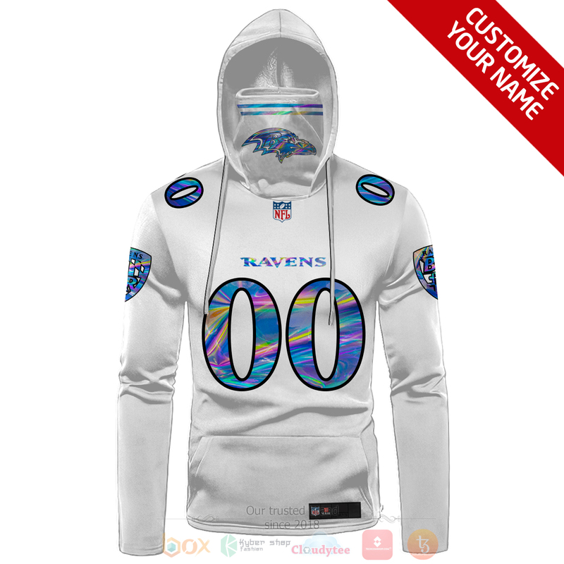 BEST NFL Personalized Baltimore Ravens White Hologram Custom 3D Hoodie Mask 1