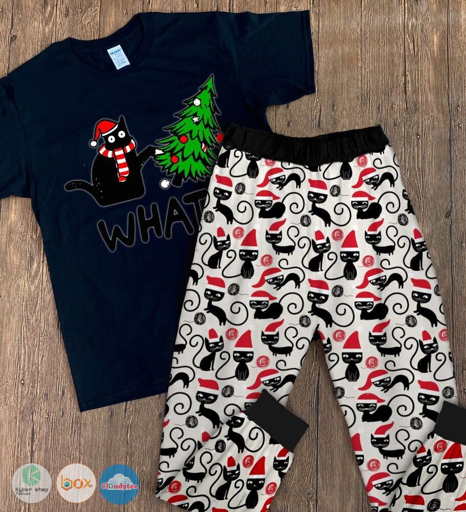 Black Cat WHAT Christmas tree short sleeves Pajamas Set